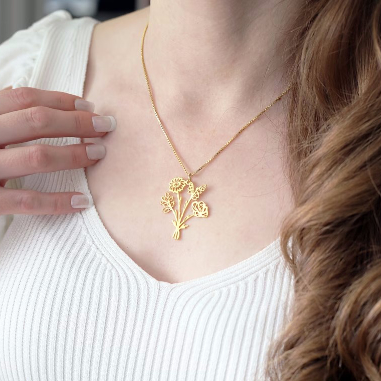 Combined BirthFlower Bouquet Necklace For Mother's Day