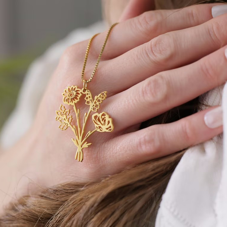 Combined BirthFlower Bouquet Necklace For Mother's Day